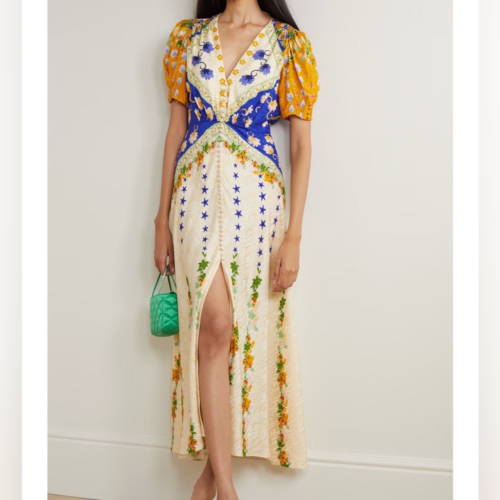 Saloni Lea Floral Print Short Sleeve V-Neck Cream Print Midi Dress